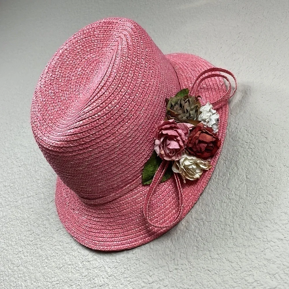 Giovannio Florence New York Pink Straw Floral Hat Spring Summer Church Derby